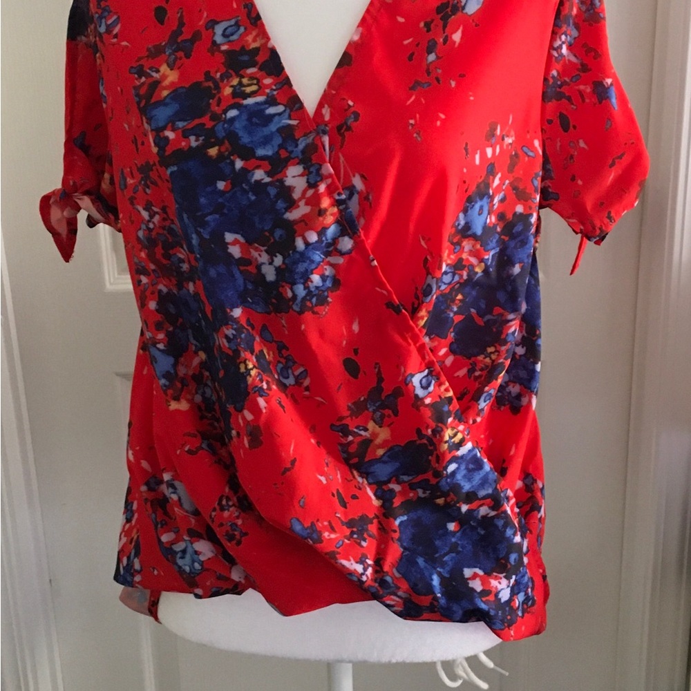 Red floral blousy top tropical